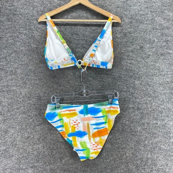 New Cupshe Bikini Swim Suit Women XL Blue Colorblock 2 Piece Lined V-Neck Tie Up - Picture 2 of 9